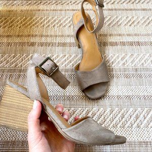 Open-toe Microsuede Quarter Strap Block-heel Pump, Taupe, US 9